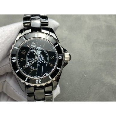 샤넬 마드모아젤 J12 라 파우자 워치 38mm 스틸 블랙세라믹케이스 일러스트블랙다이얼 블랙세라믹스트랩 (해외배송)