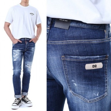 디스퀘어드 밴드에이지 로고패치 디스덧댐 중청 워싱진 청바지