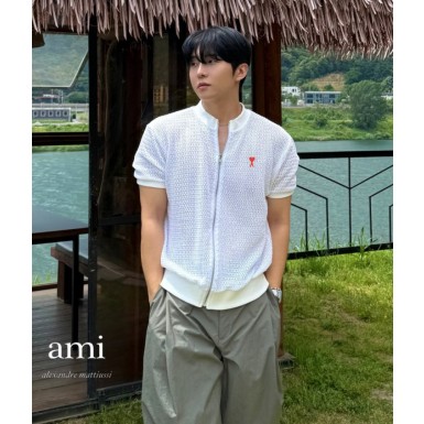 아미 펀칭 집업 반팔 가디건